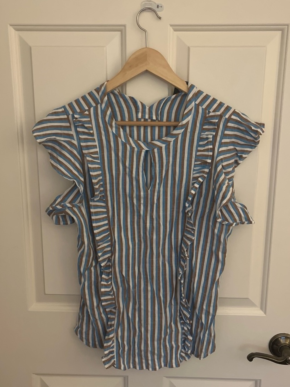 👔Vintage Blue, Brown and White Vertically Striped Blouse with Ruffles